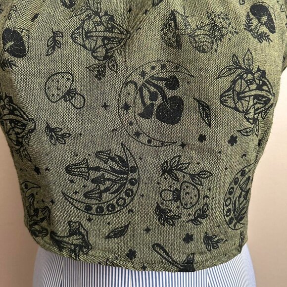 Dark Green Cotton Halter Top Forest Mushroom Hippie Festival Summer Crop Top - Picture 2 of 8